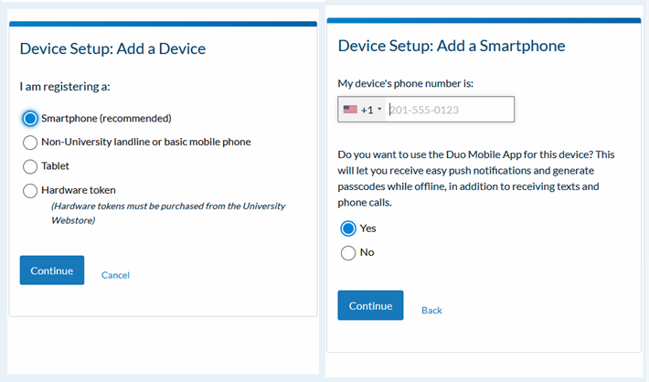 Screens you will see when setting up a device in Duo.