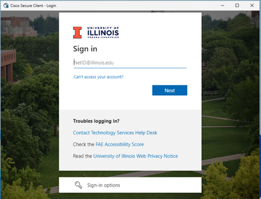 Duo sign in prompt.
This will appear once you click Connect to the campus VPN. Enter your campus NetID here.
