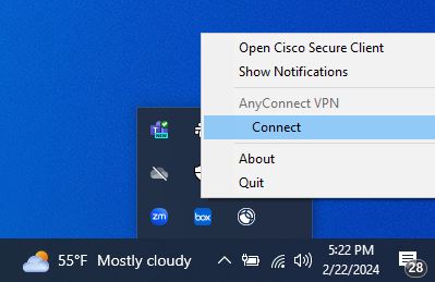 Image of open Cisco Secure Client on Windows device. 